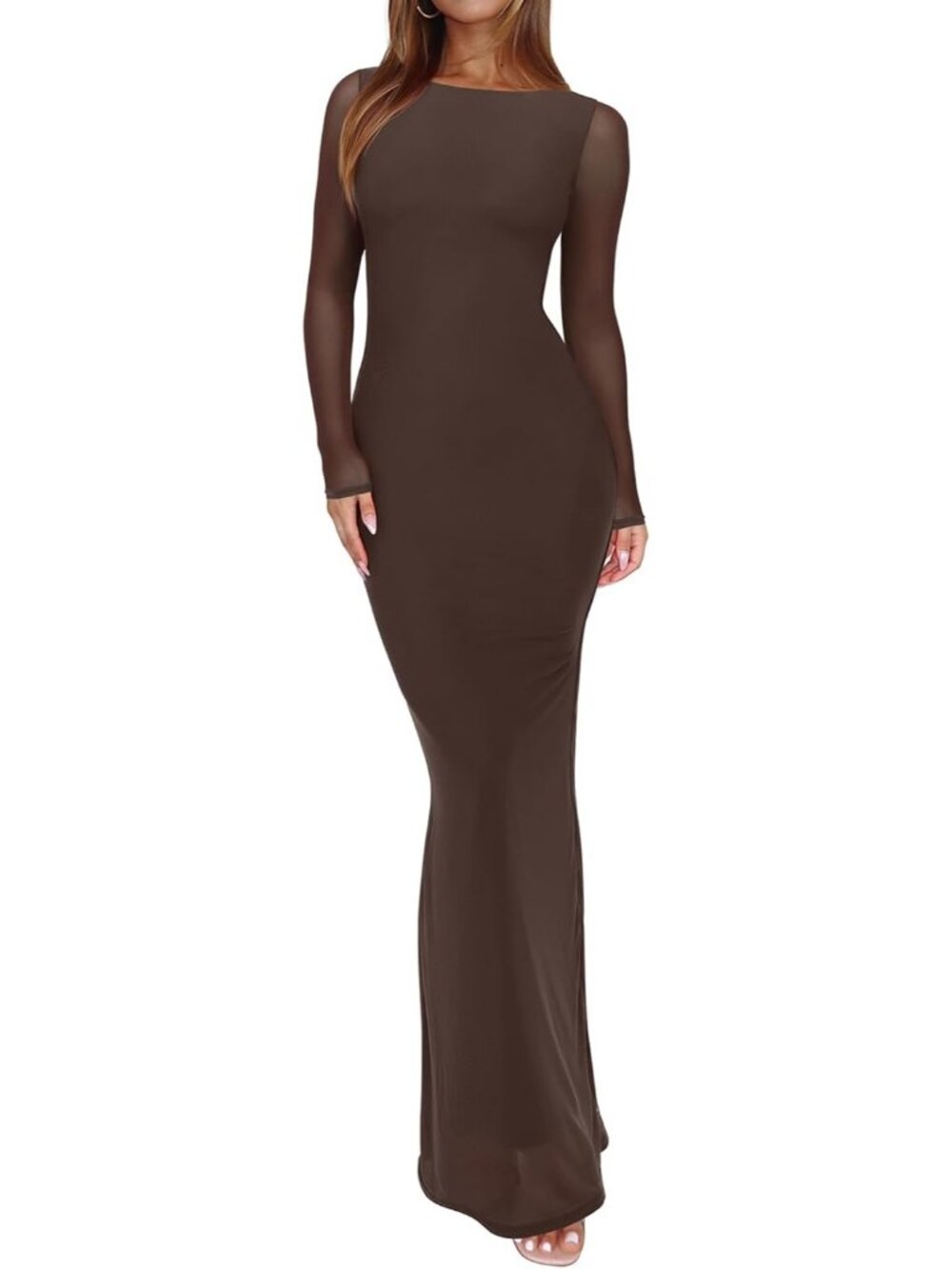 Women's Shaved Chocolate Spring Mesh Sheer Long Sleeve Floral Bodycon Maxi Dress